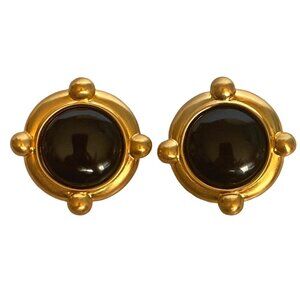 Anne Klein Couture vintage 1980s black cabochon gold-tone bold statement earring